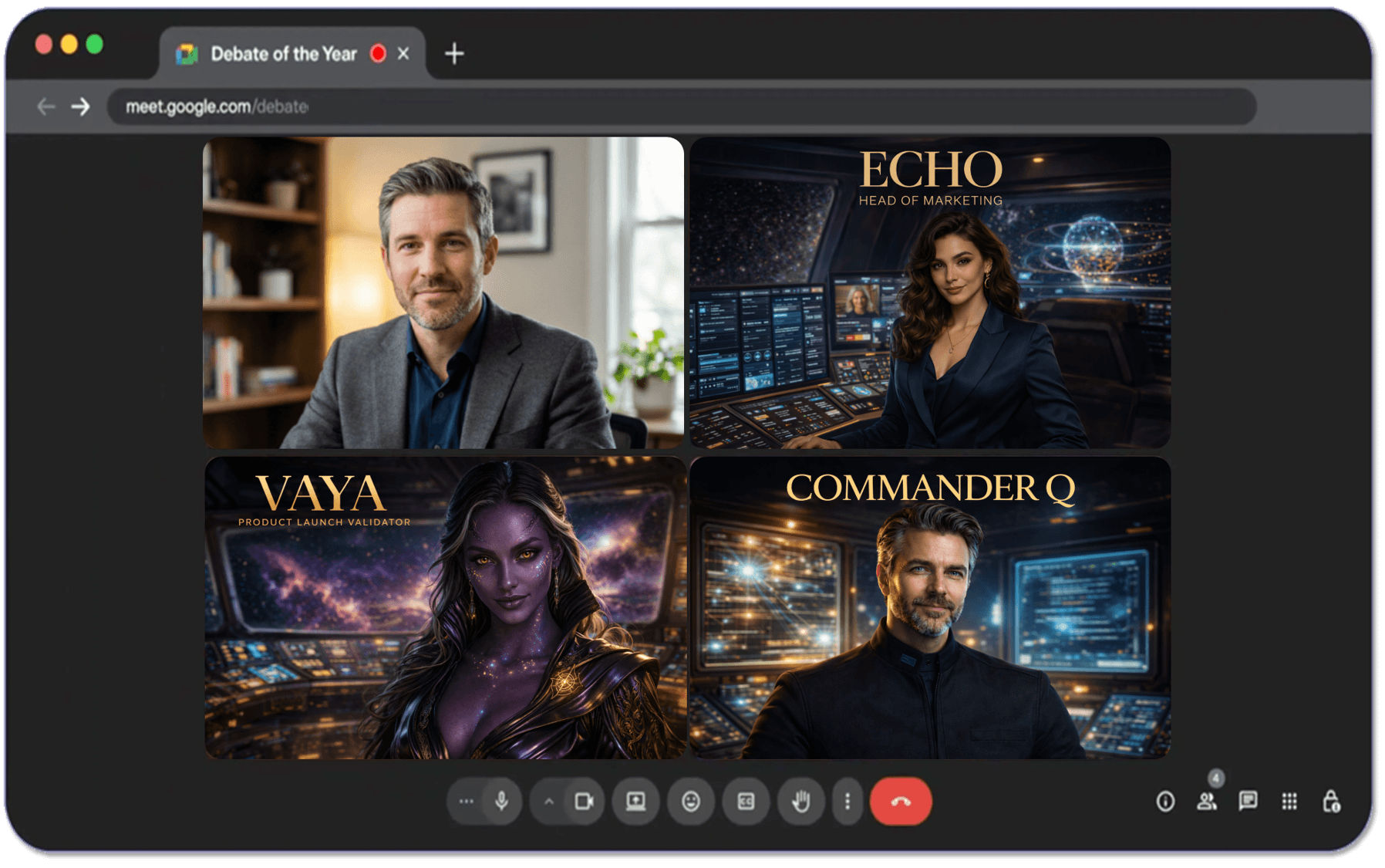 Briefing Room — Captain in a live video call with AI crew members Echo, Vaya, and Commander Q, each appearing as their unique character