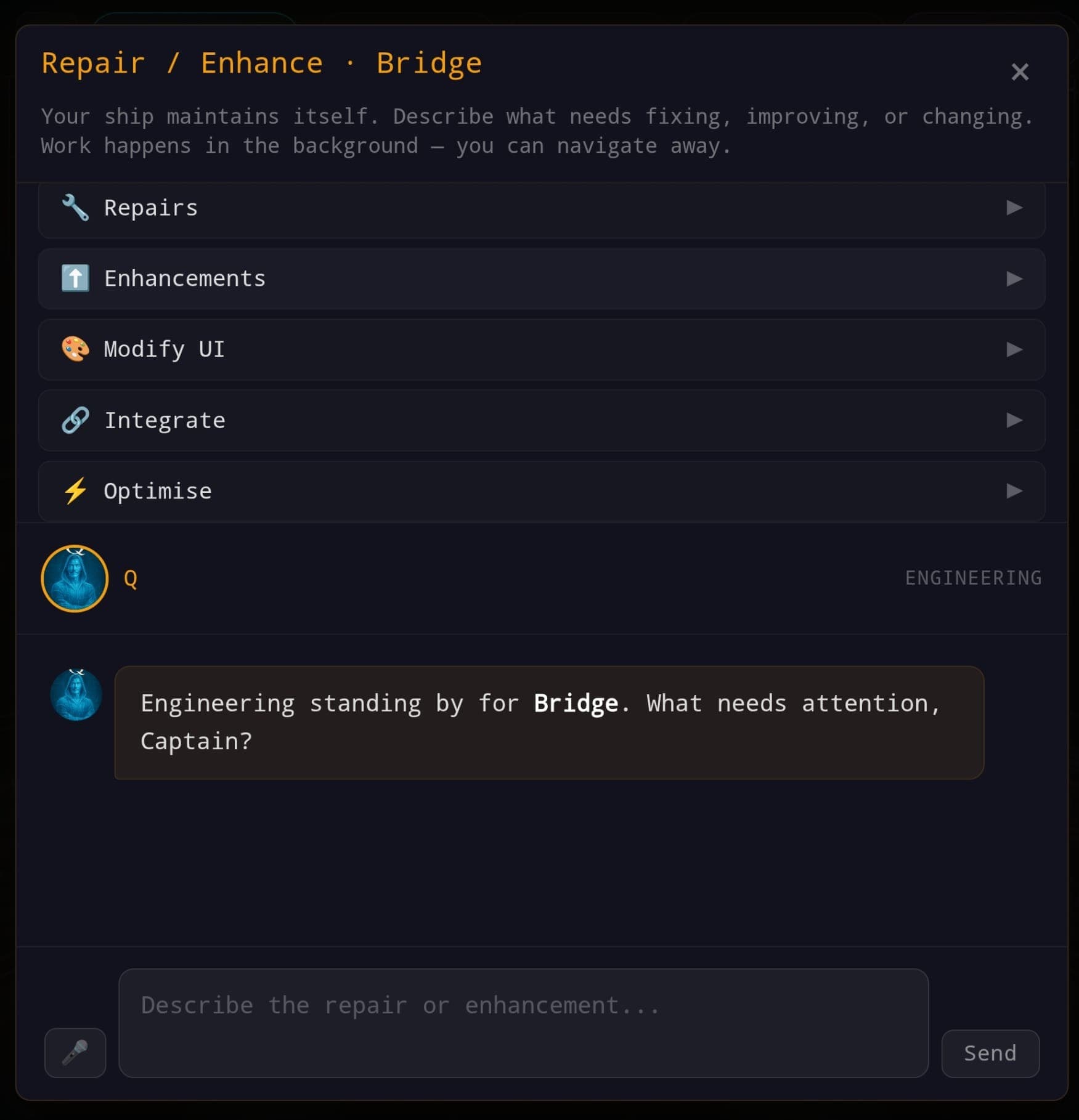 Repair and Enhance panel — AI-powered self-evolving ship interface showing repair, enhancement, UI modification, integration, and optimisation categories